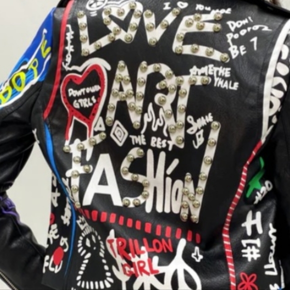 NWOT She's Dope Graffiti Faux Leather Jacket XL - Picture 5 of 6